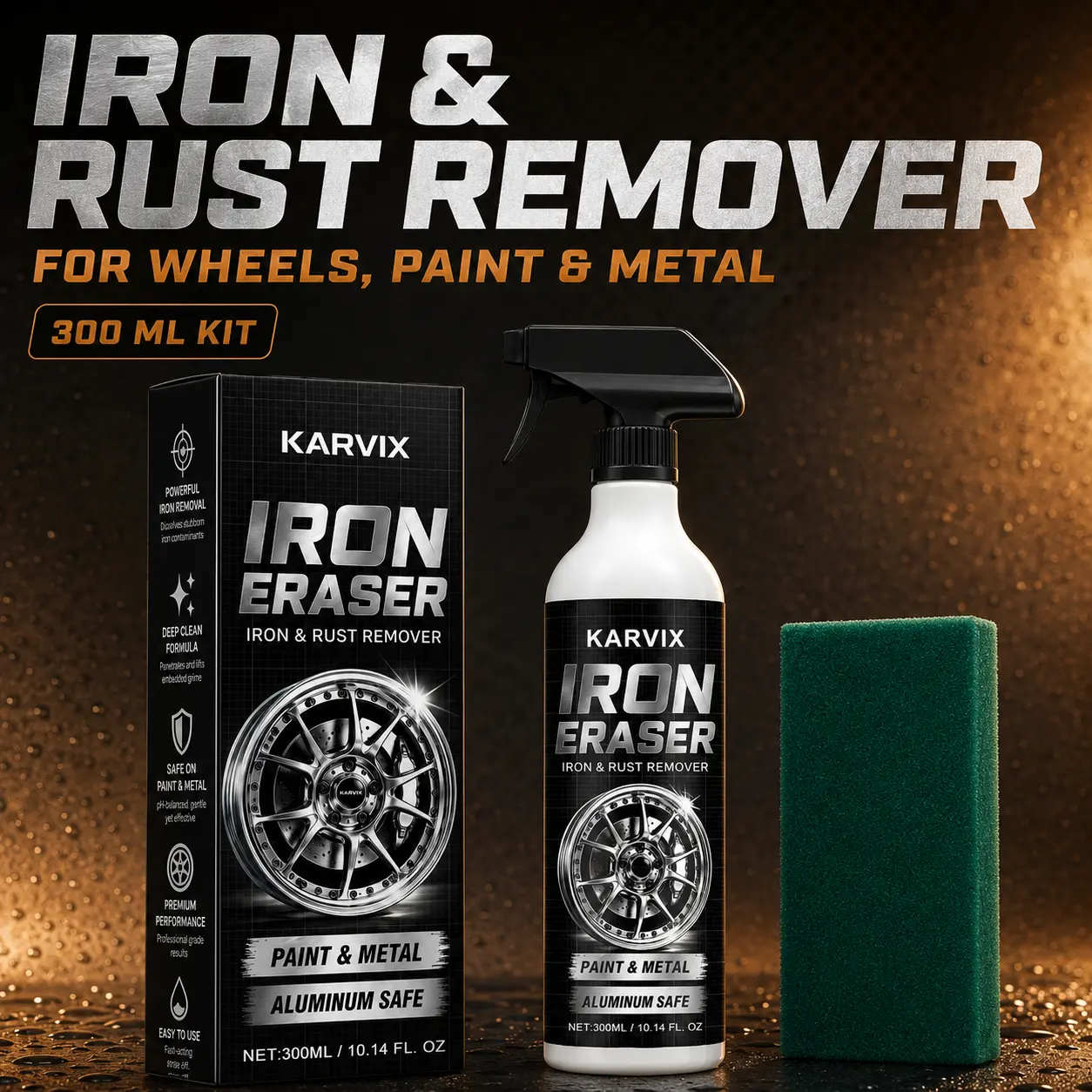 Concentrated Non Acid Iron and Rust Remover Spray for Wheels and Rims 300ml Powerful Automotive Cleaner Removes Brake Dust Embedded Iron Rust Dirt and Road Grime Safe for Paint Metal and Aluminum with Cleaning Sponge