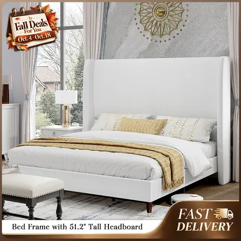 AMERLIFE Platform Bed Frame with 51.2" Tall Headboard, Upholstered Bed with Wingback/Solid Wood Legs/Durability&Silent/No Box Spring Required, Furniture/Full/Queen/King/Bed with Reinforced Structure&Complete Hardware Kit[TikTokShopFallDealsForYou]