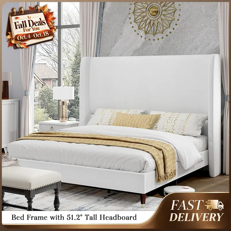 AMERLIFE Platform Bed Frame with 51.2" Tall Headboard, Upholstered Bed with Wingback/Solid Wood Legs/Durability&Silent/No Box Spring Required, Furniture/Full/Queen/King/Bed with Reinforced Structure&Complete Hardware Kit[TikTokShopFallDealsForYou]