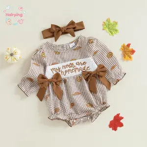Baby Girl Thanksgiving Outfit, Plaid Croissant Letter Embroidered Long Sleeve Romper and Headband, Casual Baby Girls Outfit, 2 Piece Fall Set