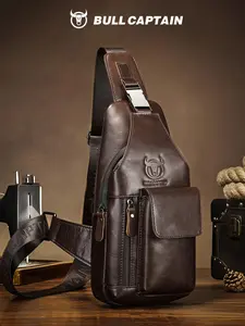 BULLCAPTAIN Vintage Men's Top-Grain Leather Sling Bag Genuine Leather Crossbody Chest Design 8-inch iPad Compartment