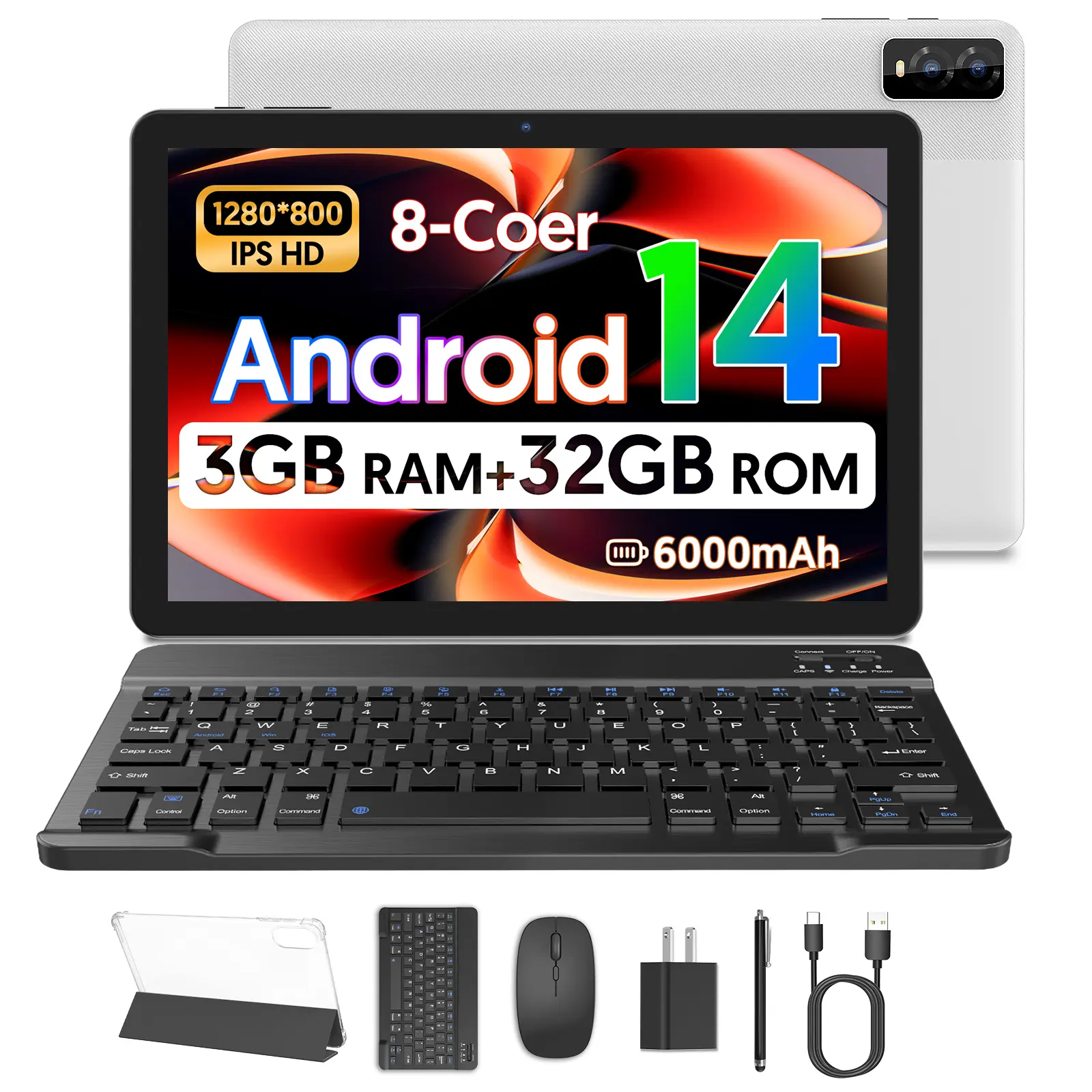【SummerWins】2026 [5-in-1] 10-inch Android 14-in-1 2-in-1 Tablet PC - 3GB RAM, 32GB internal storage, octa-core processor, 6000mAh battery, keyboard, mouse, protective case, stylus, dual cameras (multiple color combinations available)