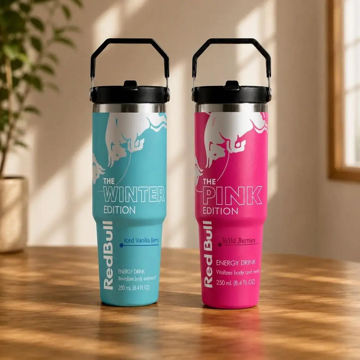 Red Bull Pink, Blue & White Edition 30oz Stainless Steel Tumbler With Handle and Straw | Stainless Steel Travel Cup | Gift for Energy Drink Fans