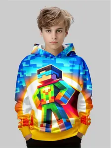 Minecraft Pixel Superhero Kids Hoodie, Fashion Casual Sweatshirt, Colorful Fun Style, Game Culture Fusion, Fitted Long Sleeve, Casual Fall & Winter Wear