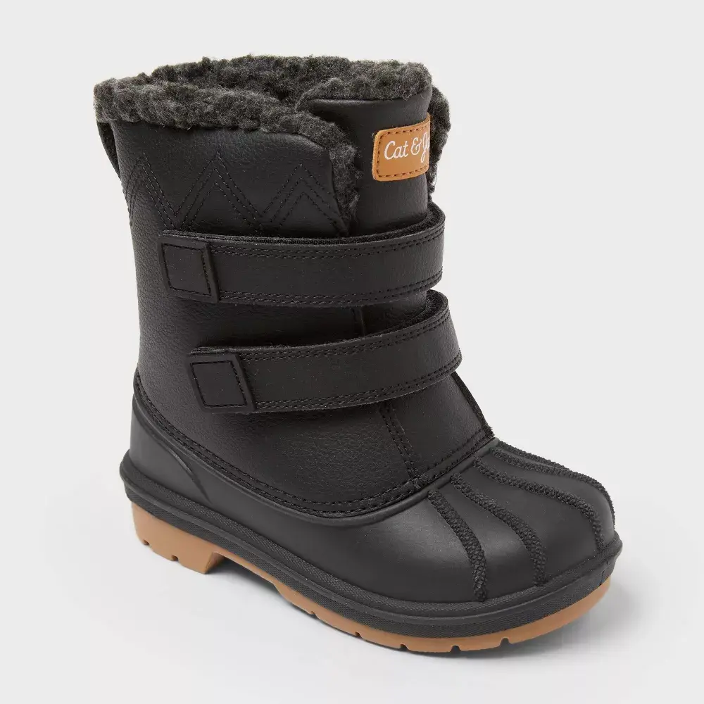 Cat & Jack Toddler Denver Waterproof Faux Fur Winter Boots - Black, Round Toe, EVA Sole, Flat Heel, Hook Loop Closure