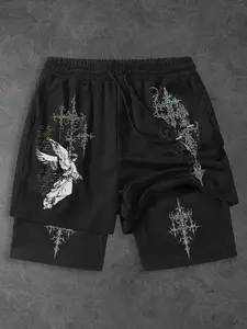 Men's Gothic Art Angel & Thorn Cross Graphic Print Shorts, Loose Fit Street Style Streetwear Drawstring, Lightweight Unisex Summer Casual Wear