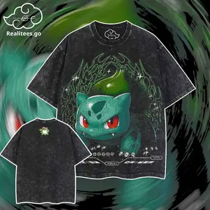 REALITEESS.GO-Blue Bulbasaur PKM Vintage Unisex Oversize Anime Manga Washed Cotton T-shirt, Graphic Tee, Anime Lover, Anime Merch Fan, Outfits Men, Boys Merch