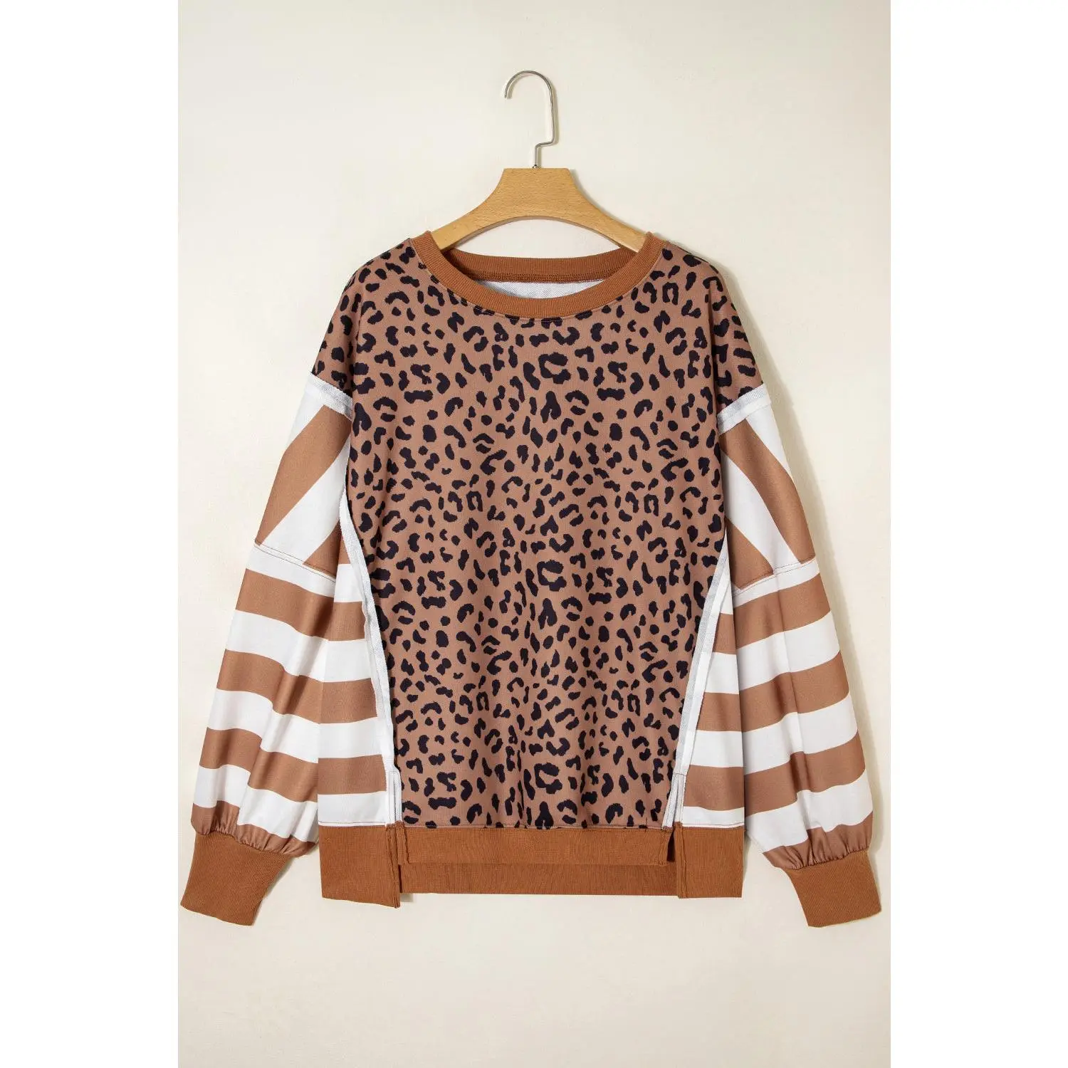 Khaki Leopard Striped Patchwork Plus Size Loose Sweatshirt