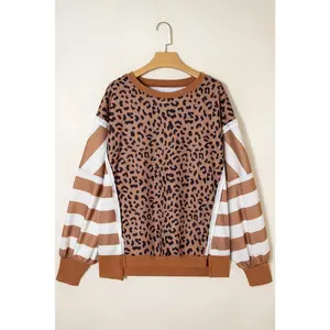 Khaki Leopard Striped Patchwork Plus Size Loose Sweatshirt