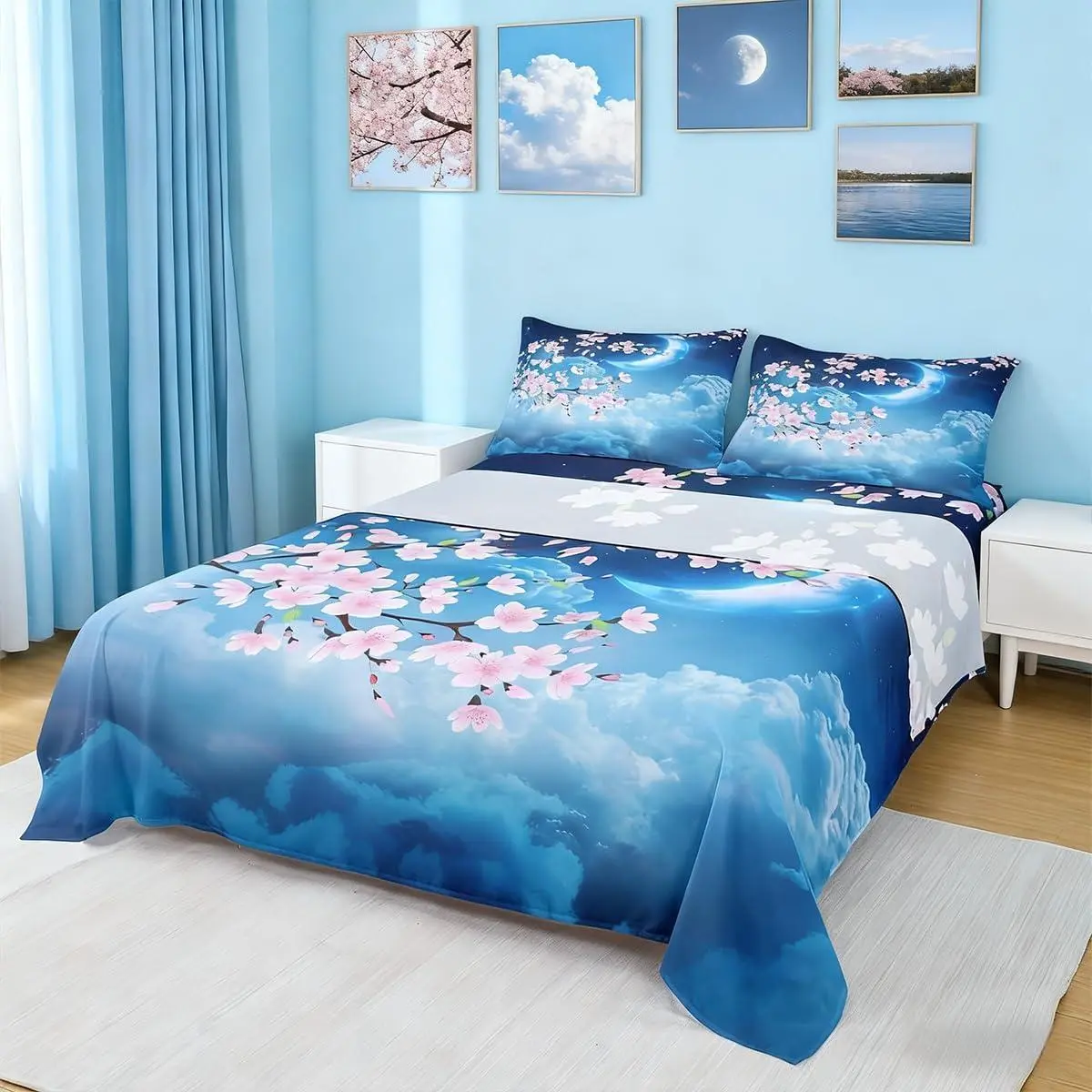 Moon Bed Sheet Set,Pink Cherry Blossom Bright Moon Planet,Home Decor Sheet Set,Deep Pocket,Top Flat Sheet
