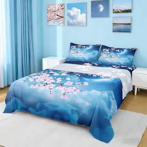 Moon Bed Sheet Set,Pink Cherry Blossom Bright Moon Planet,Home Decor Sheet Set,Deep Pocket,Top Flat Sheet