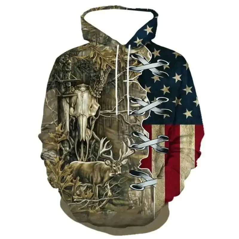 Vintage Deer & US Flag Graphic Print 3D Hoodie for Men and Women, Trendy 3D Hoodie, Print Animal Hoodie, Cool Unisex Fashion Top