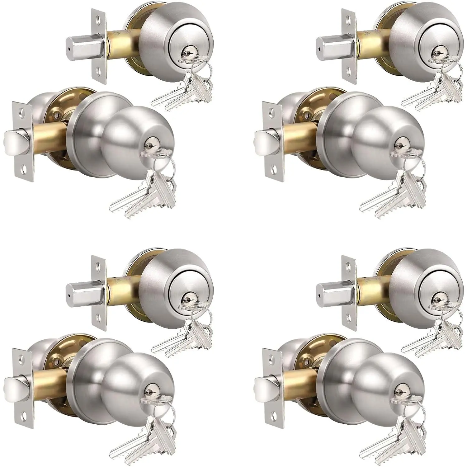 Keyed Alike Exterior Door Knob, Round Outdoor Lock with  Sided Deadbolt, Stainless Steel, Satin Nickel Door Knobs,  Door Handle Sets, 4 Pack