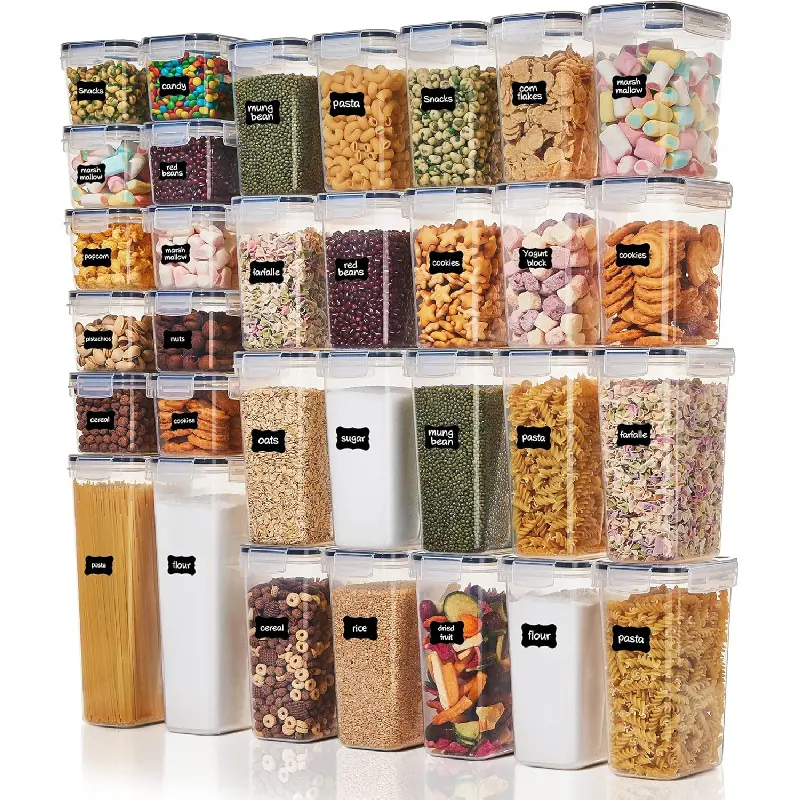 32pcs Airtight Food Storage Containers Set, BPA Free Plastic Kitchen and Pantry Organization Canisters with Lids for Cereal, Dry Food, Flour and Sugar, Includes 32 Labels