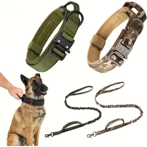 2PCS tactical dog collar and leash with handle, adjustable pet collar, with heavy-duty metal buckle, breathable soft nylon padding, suitable for medium and large dogs Training Accessories