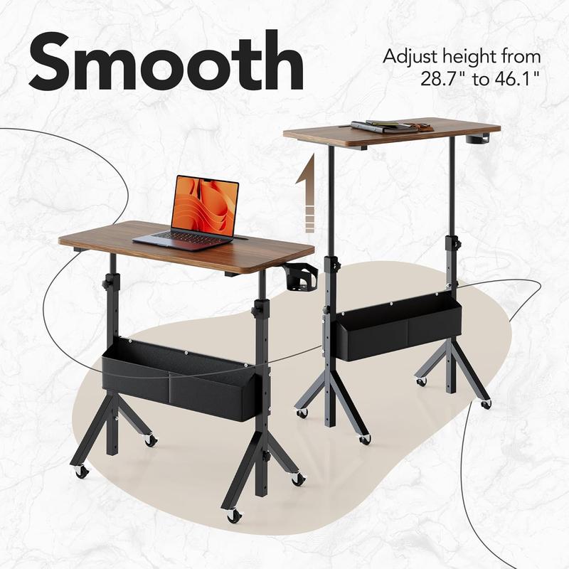 Adjustable Rolling Desk: Height adjusts from 28.7" to 46.1", perfect for use with a walking pad or treadmill. The 31.5" x 15.75" tabletop offers ample space, making it a portable, ergonomic workstation.