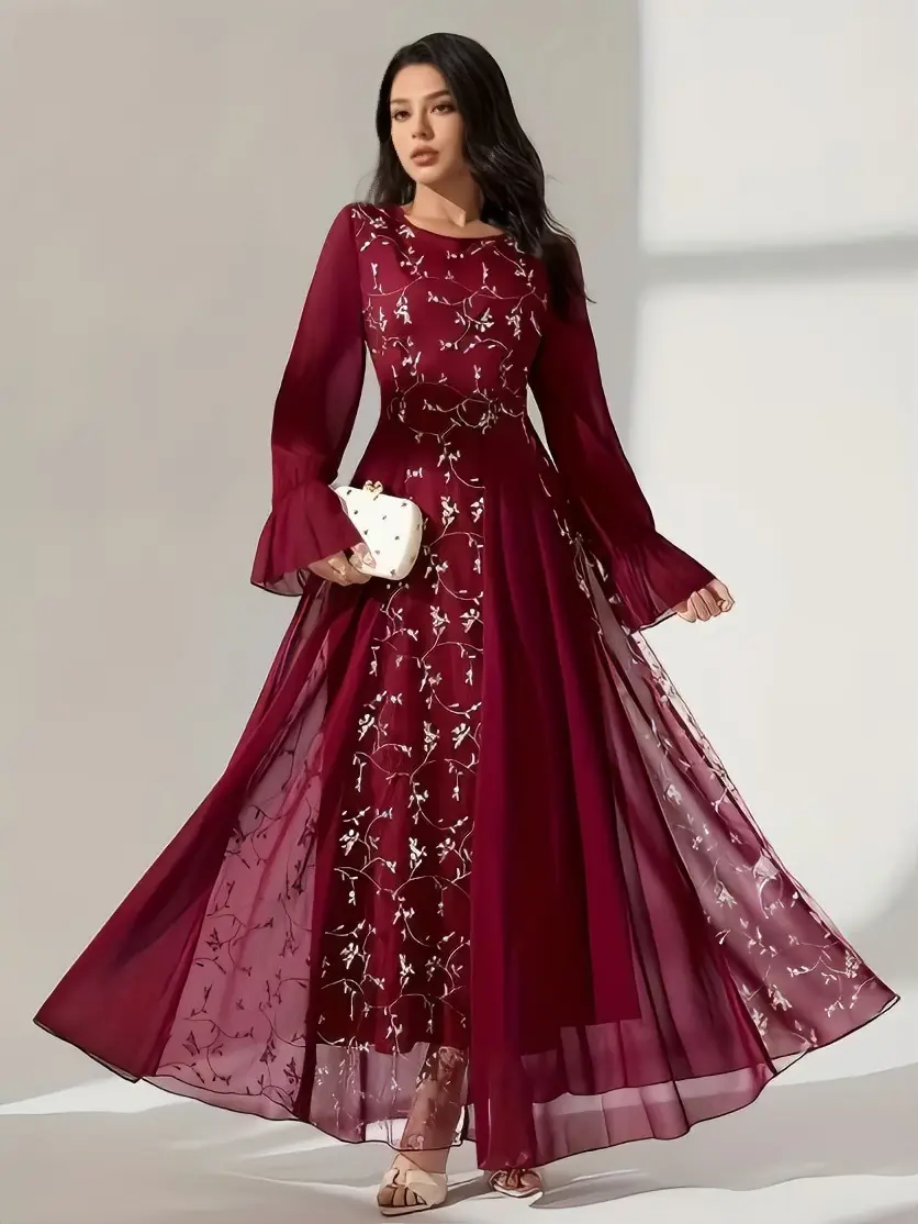Women Round Neck Long Flare Sleeve Floral Embroidery Chiffon Maxi Dress Elegant Formal Evening Gown A‑Line Flowy Long Dress For Wedding Guest Banquet Party Ceremony Special Occasion Holiday Outfits