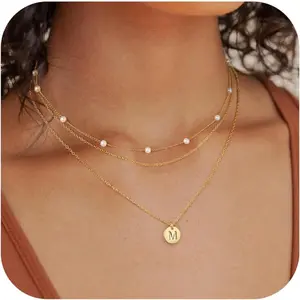 Layered Gold Pearl Necklaces for Women - Initial Gold Necklaces for Women, Dainty Gold Necklace, Initial Letter A-Z Pendant Necklace, Gold Jewelry for Women Girl Gifts