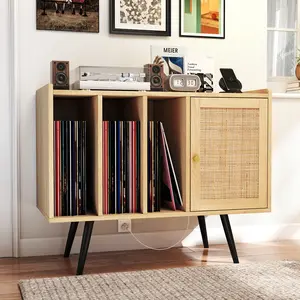 COSTWAY - Record Player Stand with Charging Station and Rattan Cabinet for Living Room-Natural