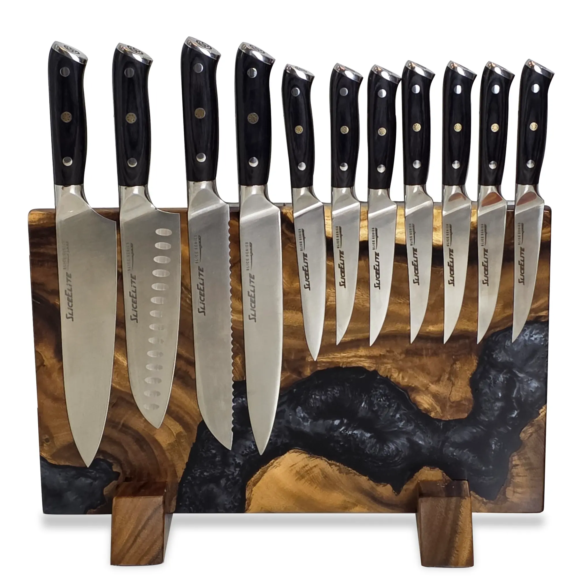 SliceElite XL Magnetic Knife Block Dual Sided Utencil Holder Artisan Finished Acacia Hardwood & Onyx Resin Strong Magnet Board Tool Storage for Kitchen Countertop Holds Up To 22 Knives Non Slip Base