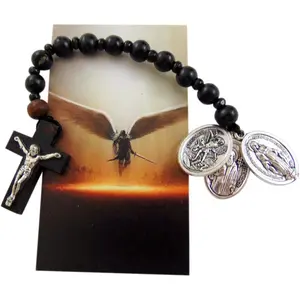St. Michael Wooden Pocket Rosary Holy Gift Set with Holy Prayer Cards