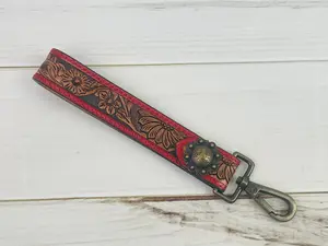 Red Border Floral Tooled Wristlet Leather Keychain