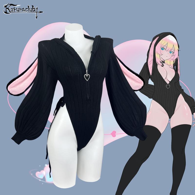 KORURACLUB Valentine's Day Cosplay Sexy Bunny Outfit 3-Piece Set Ruched Waist Corset Black Fabric Women's Cute Everyday Fuzzy Bunny Bodysuit
