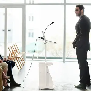 Mobile Lectern Podium Stand, Rolling Laptop Cart w/ 180 Tilting Tabletop, Storage Compartments Lockable Casters, Sit-to-Stand Computer Workstation for Home, Office, School (White, Set of 2)