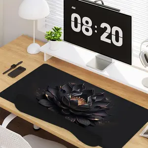 4 - in - 1 Black Gold Lotus Large Gaming Mouse Pad + Keyboard Wrist Rest + Mouse Pad with Wrist Support + Coaster Set with Ergonomic Design for Home Office Table Computer, Rubber Base Mousepad with Stitched Edges, Easy Typing Pain Relief