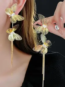 Fashion Simple Metal Line Zinc Alloy Hollow Zircon Butterfly Long Dangle Earrings, Branch Jade Butterfly Earings for Any Occasion