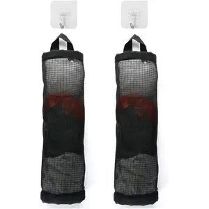 Hanging Folding Mesh Garbage Bag Organizer Trash Bags Holder Recycling Containers Plastic Waste Bag Storage for Kitchen With Adhesive wall hooks (Black)-2pcs