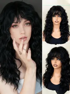 18 Inch Wig with Bangs, Natural Fluffy Medium Long Curly Hair, High Quality Synthetic Wig for Daily Gatherings and Christmas Costume, Synthetic Curly Wigs