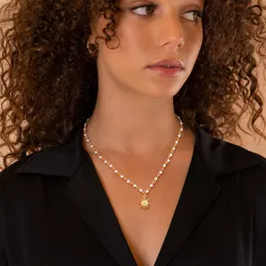 Dearmay Sun Charm Necklace for Women Gold-Tone Plated Boho Pendant Adjustable Stainless Steel Choker with Pearl Accents Celestial Wedding Valentine Sunshine Jewelry Unique Present for Best Friend