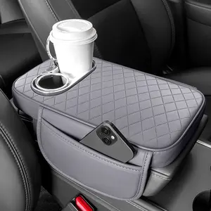 corvette cup holder 1pc Car Center Console Pad with 2 Side Pockets and 2 Cup Holders for Phone Bottle and Cards, PU Leather Universal Car Armrest Seat Box Covers Protector Interior Accessories