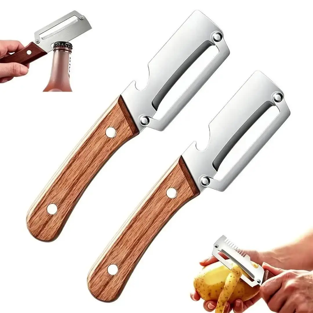 2pcs Set Multi-Functional Fruit And Vegetable Peeler, Suitable for Right-Handed Use solely, Stainless Steel Material, Potato And Carrot Peeler, 3-In-1 Multi-Functional Peeler with Green Onion Grater And Bottle Opener, Suitable for Home Kitchens
