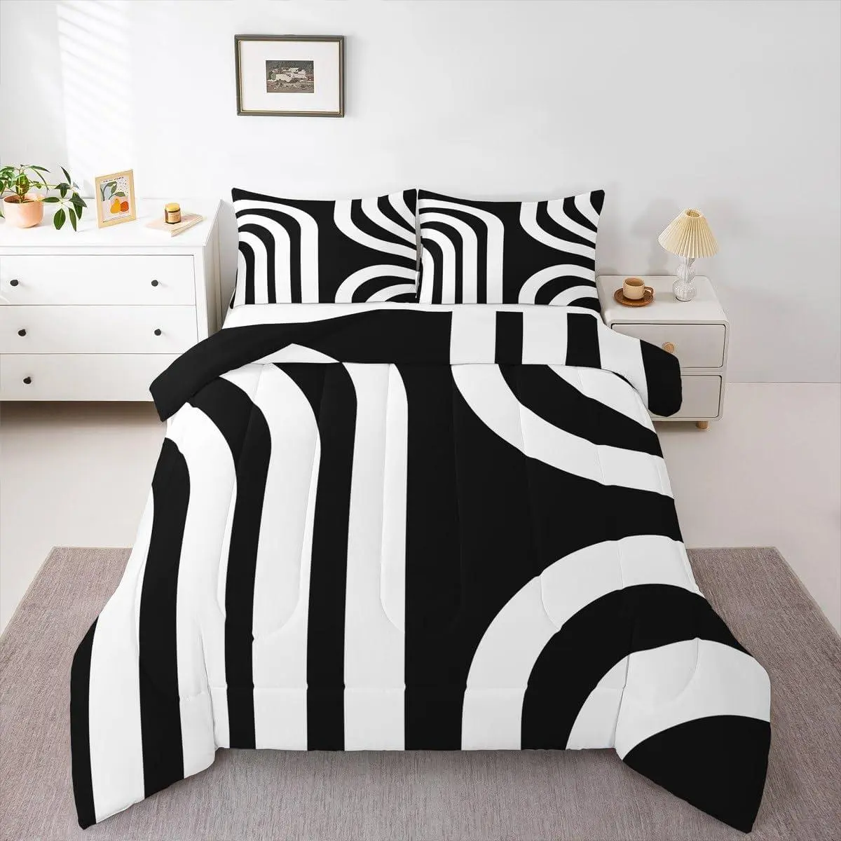 Black White Geometric Duvet Quilt Geometric Bedding Set Abstract Art Comforter Set Women Men Room Decor Breathable Soft Lightweight Microfiber Modern