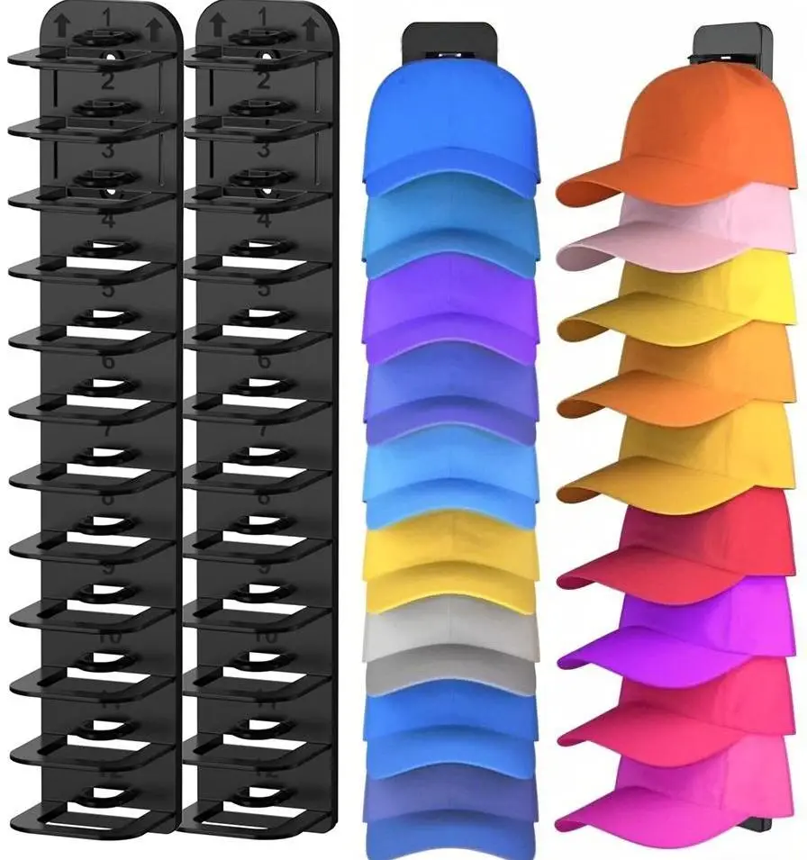 2 Upgraded Oversized Baseball Cap Organizers. Hold 24 caps, install easily without drilling. Ideal for closet doors, wardrobes, and walls—transform an