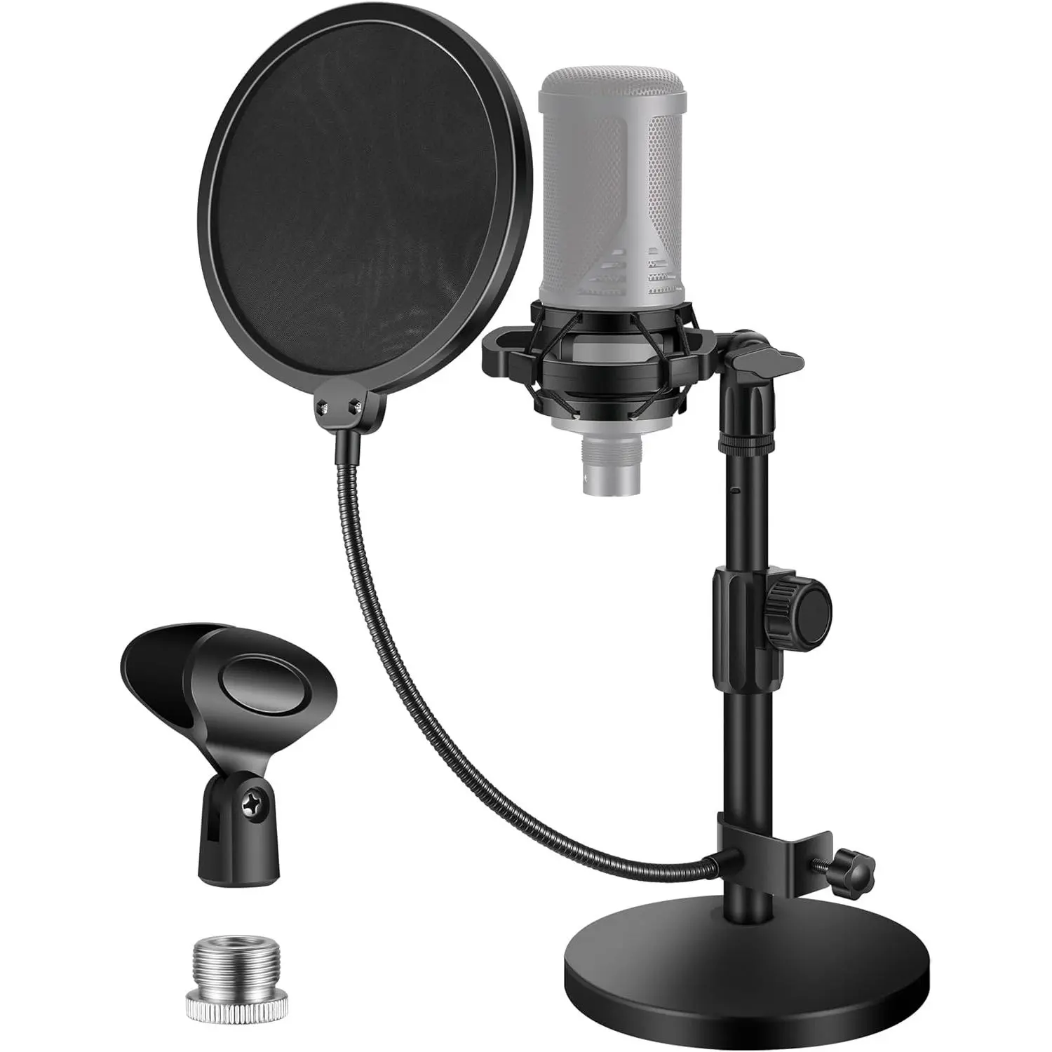 Heavy Duty Adjustable Desktop Microphone Stand, Desk Mic Holder with Shock Mount, Mic Clip, Pop Filter, 3/8"-to-5/8" Adapter for Blue Yeti, Hyper X QuadCast S, AT2020, Fifine 669B, Shure SM58/SM48/PGA48
