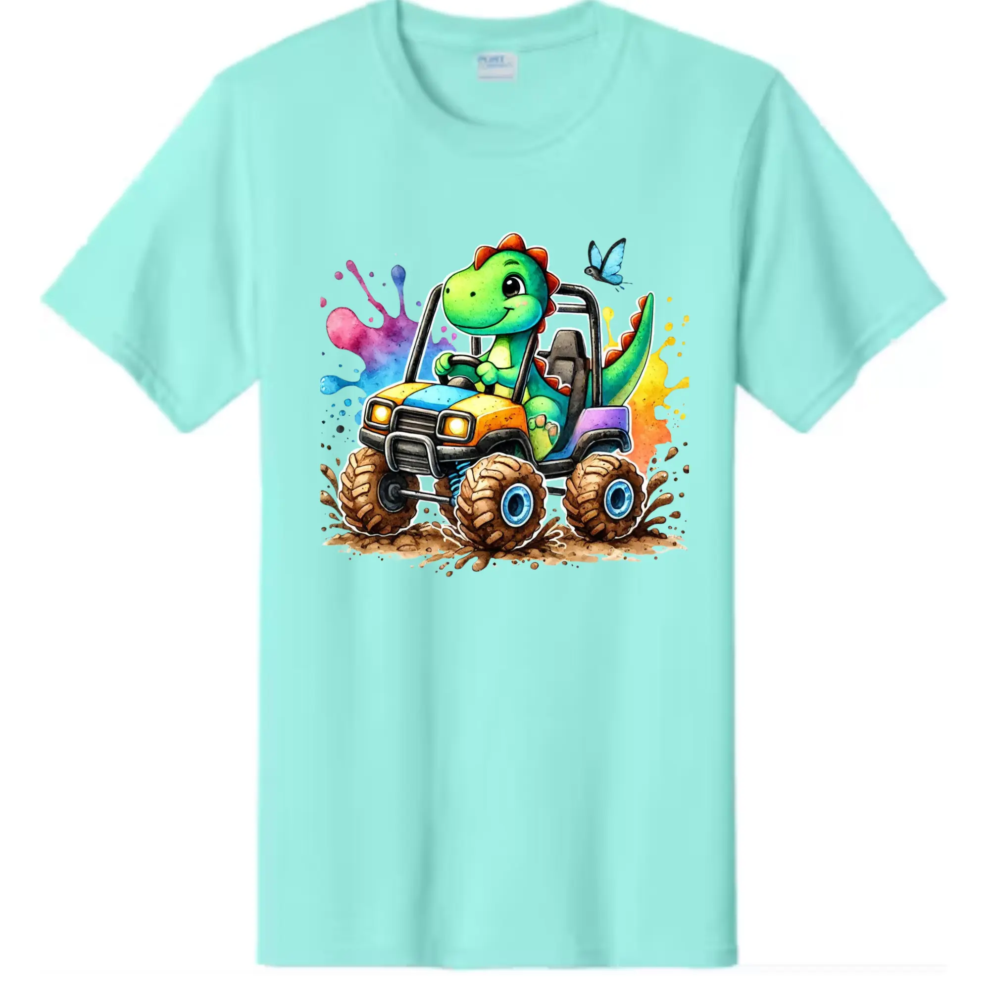 DTF Ready-To-Press Print - Colorful Mudding Dinosaur On 4-Wheeler Design, Art & Crafts DIY Printmaking Accessory For T-Shirts, Toy-Themed Supply For DIY Enthusiasts