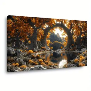 Autumn Lake Scenery Abstract Canvas Wall Painting - Solid Wood Wrap Picture Frame Modern Vintage Landscape Painting, High Quality Printing, Suitable for Living Room, Bedroom, Office Restaurant Decoration, Poster Decoration Photo Art