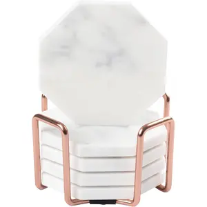 White Carrara Marble Coasters & Rose Gold Coaster Holder (Set of 5) Durable, Thick Coasters - Fits Any Drinkware - Great Mother's Day Gift