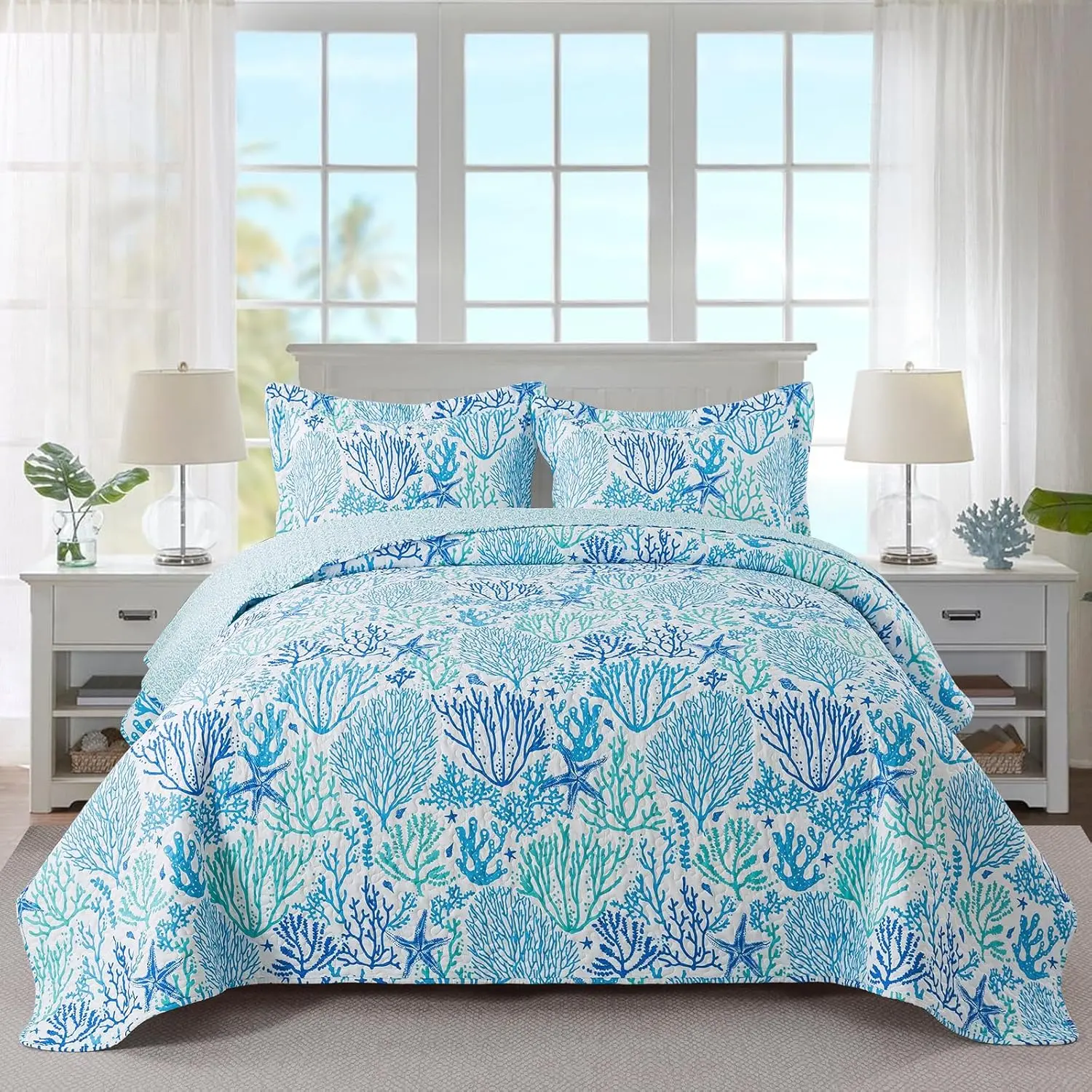 Coastal Quilt Summer Quilt  Size, Ultra Soft & Lightweight Beach Quilt Bedding Set, Light Blue Quilt for All Season, Blue Coral,