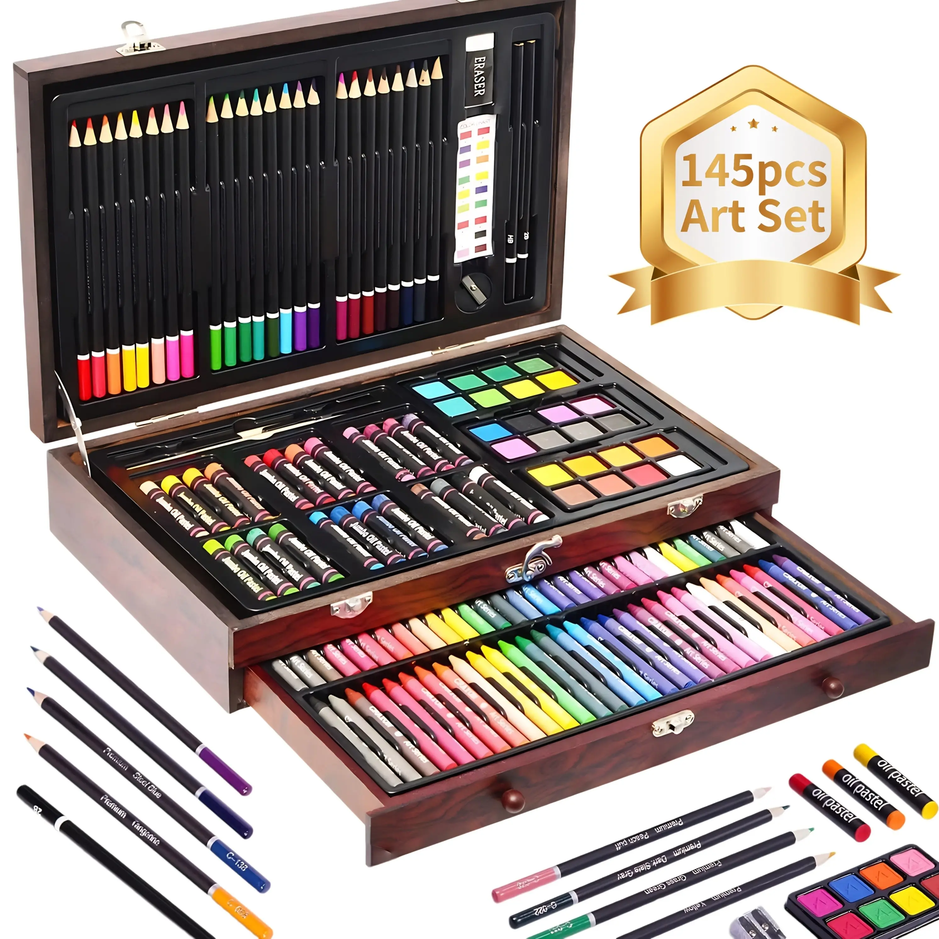 145pcs Deluxe Art Set with Crayons, Oil Pastels, Watercolor Cakes, Colored Pencils Set In Wooden Case, Professional Art Kit for Professional Paintings Adults, Artist And Teen, Paint Supplies, Easter Gifts