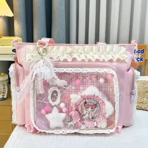 Retro Sweet Lace Ruffle Ita Bag with Pearl Bow, Anime Merch Display Tote Bag with Detachable Strap, Y2K Harajuku Style Shoulder Bag for Outdoor & Commute, 4 Colors Available