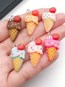 Resin Strawberry Ice Cream Cone DIY Necklace Bracelet Phone Chain Keychain Pendant Accessories, 10 Pieces Per Pack