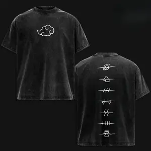 Unisex Naruto Anime Akatsuki Clan Logo Retro Washed T-Shirt Menswear Oversize Heavyweight Cotton Short-Sleeve Crewneck Streetwear Top High-Quality Fabric Vintage Fashion Naruto Fan Casual Wear - Shortsleeve, Oversized