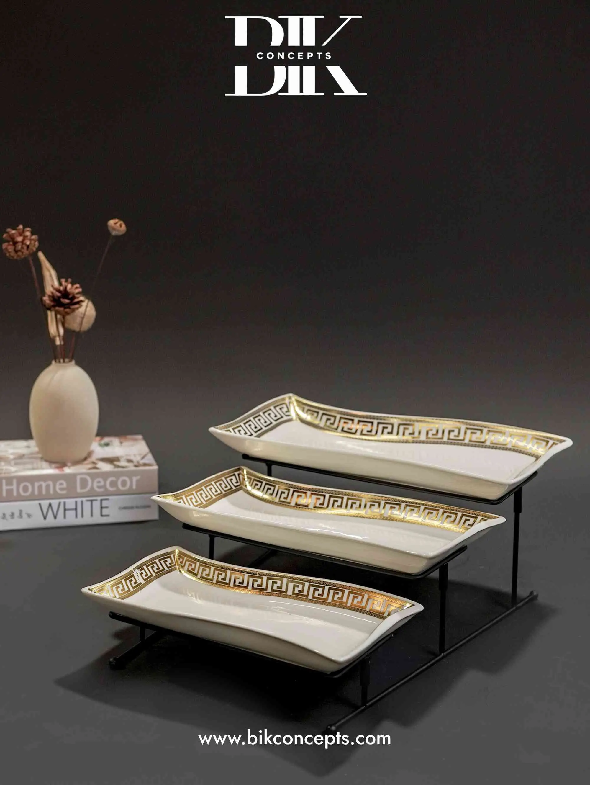 Greek Key 3-Tiered Tray Set – Luxury Stainless Steel & Porcelain Server