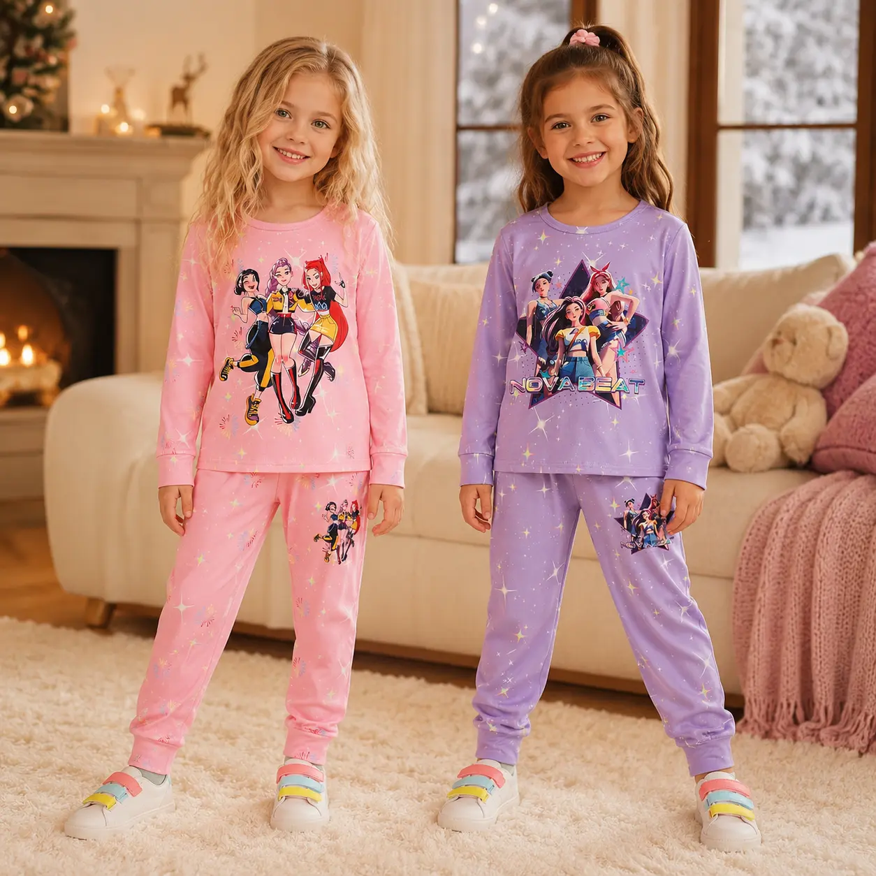 2 Pack Girls Starry Pop Pajama Sets, Pink & Purple Graphic Sleepwear Bundle, 4 Piece Long Sleeve Tops and Matching Jogger Pants, Cute Music Girl Print Kids PJs for Bedtime, Sleepovers, Lounge & Nightwear,Halloween Costume