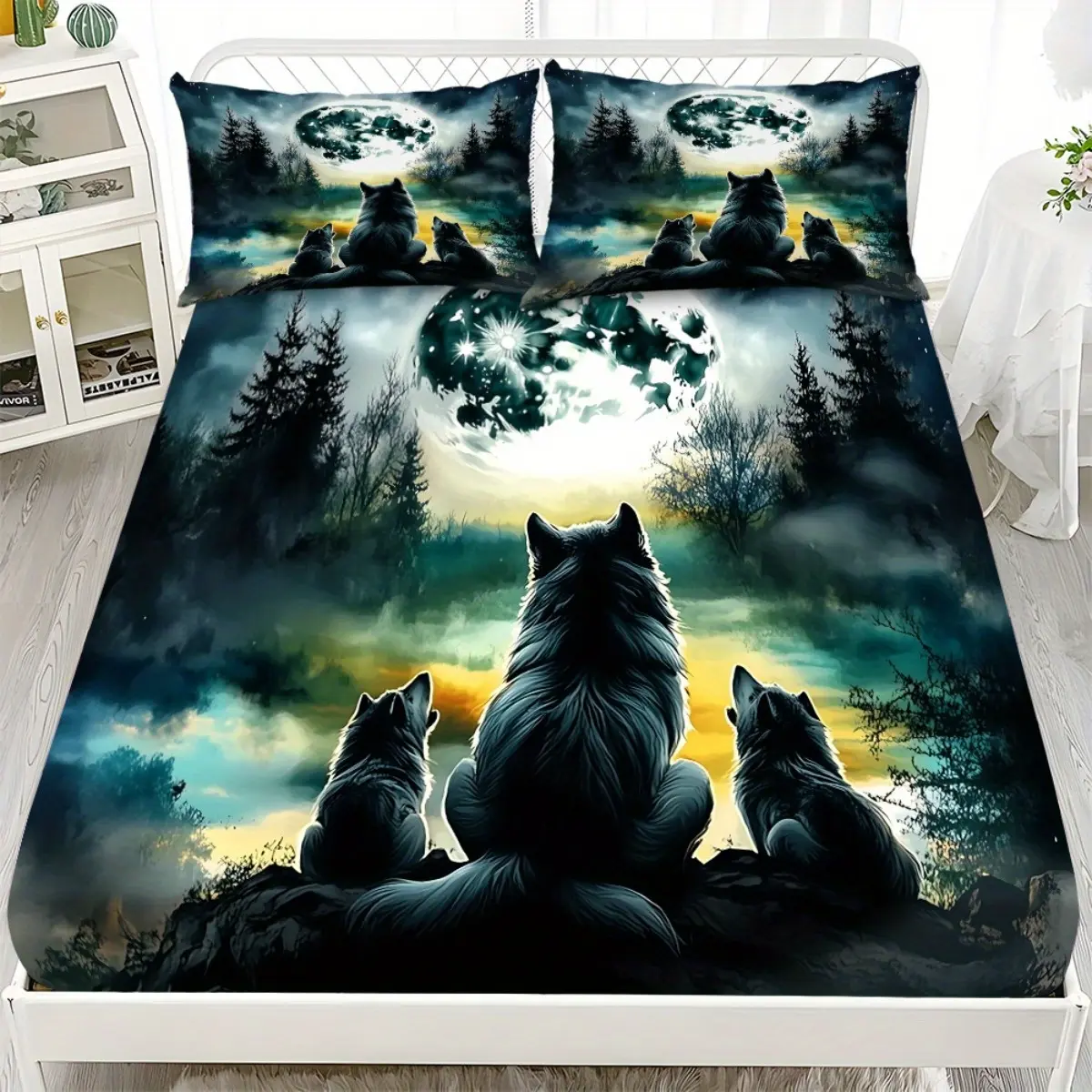 Wolf Pack 3-Piece Polyester Bed Sheet Set - Soft, Breathable, Easy-Care, All-Season, Forest & Other Patterns, 1 Fitted Sheet + 2 Pillowcases (No Core) for Home Bedrooms, Three-Pieces