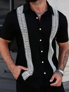 Men's Short Sleeve Blouse, Fashion Geometric Embroidery, Casual Classic Slim-Fit Shirt, Multiple Colors Available, Trendy Men's Top